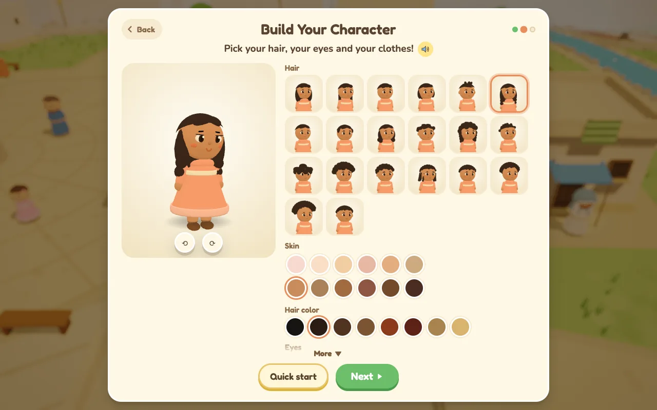 The Build Your Character screen: a girl with long wavy dark hair in a coral dress, beside choices of hair style, skin tone and hair color.