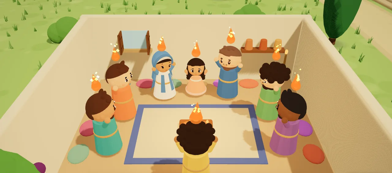 Mary, the apostles and the girl raise their hands in praise, with a small flame above each head.