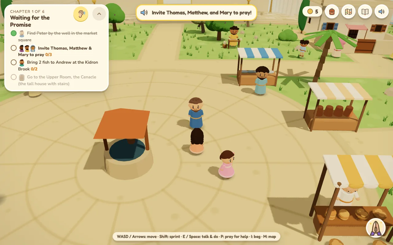 A girl stands with Peter by the well in the market square, among the fruit, pottery and bread stalls. The goals panel says to invite Thomas, Matthew and Mary to pray and bring two fish to Andrew at the Kidron Brook.