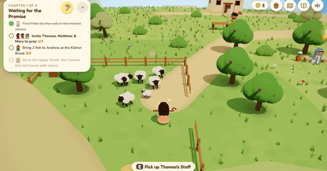 The girl stands by the flock in the sheep pasture, with a Pick up Thomas's Staff prompt. The goals panel shows one of three friends invited.