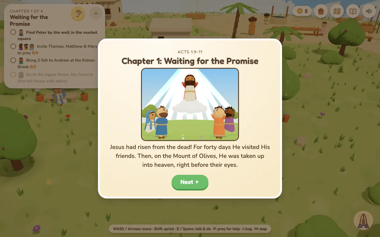 A storybook page, Chapter 1: Waiting for the Promise, Acts 1:9-11, with a picture of Jesus rising into heaven on a cloud while Mary and the apostles look up: Jesus had risen from the dead! For forty days He visited His friends. Then, on the Mount of Olives, He was taken up into heaven, right before their eyes.