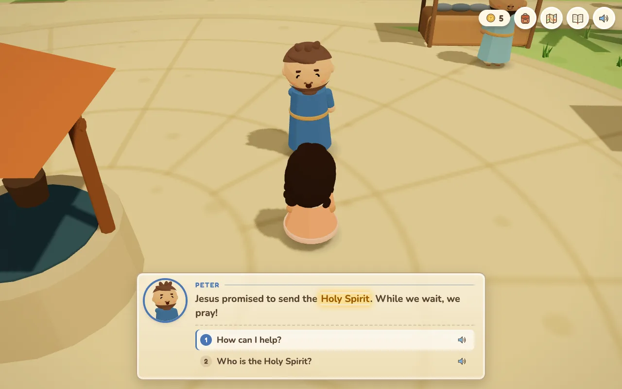 Peter smiles as he talks with the girl: Jesus promised to send the Holy Spirit. While we wait, we pray! Two choices, How can I help? and Who is the Holy Spirit?, each have a speaker button.