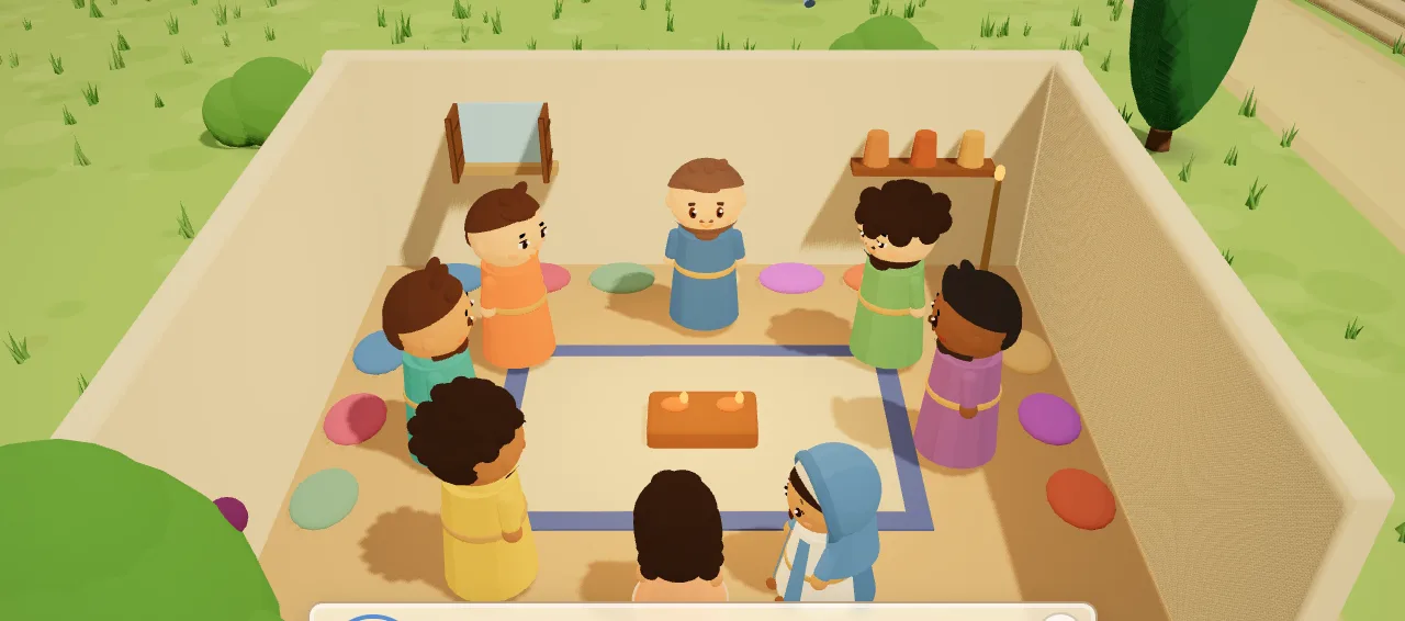 Inside the Upper Room, Mary, the apostles and the girl gather in a circle around a low lamp table.