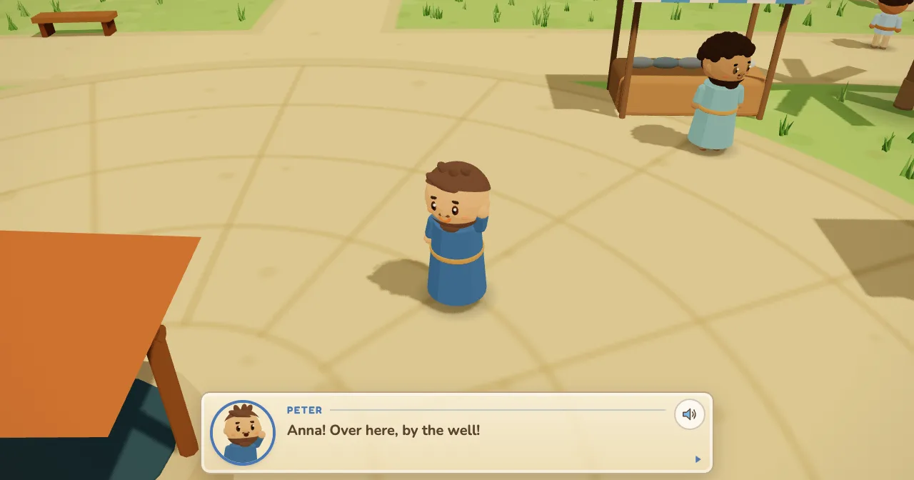 Peter waves from the market square, beside the well: Anna! Over here, by the well!